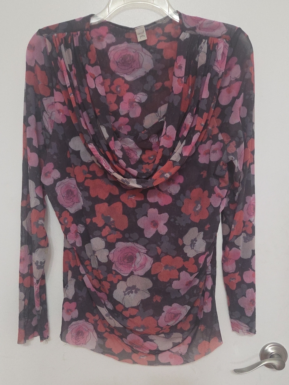 Sweet Pea Black Lightweigh Long-Sleeve Floral Cowl Neck Top - Pink & Red Flowers